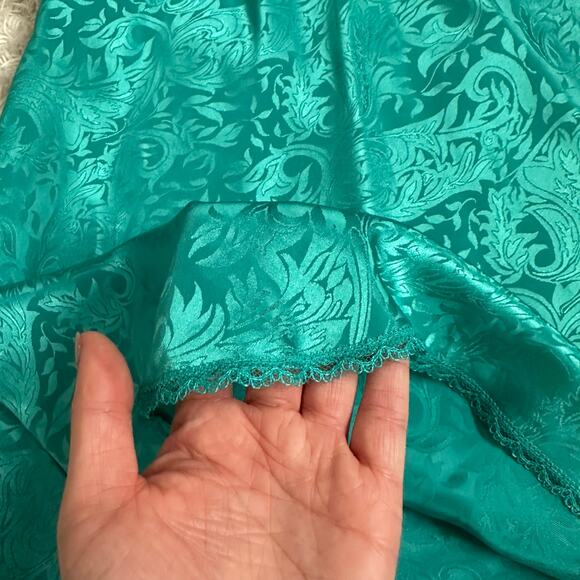 Vintage 90s Small Deena Blue Green Teal Satin Slip Dress floral lace trim - Picture 5 of 7
